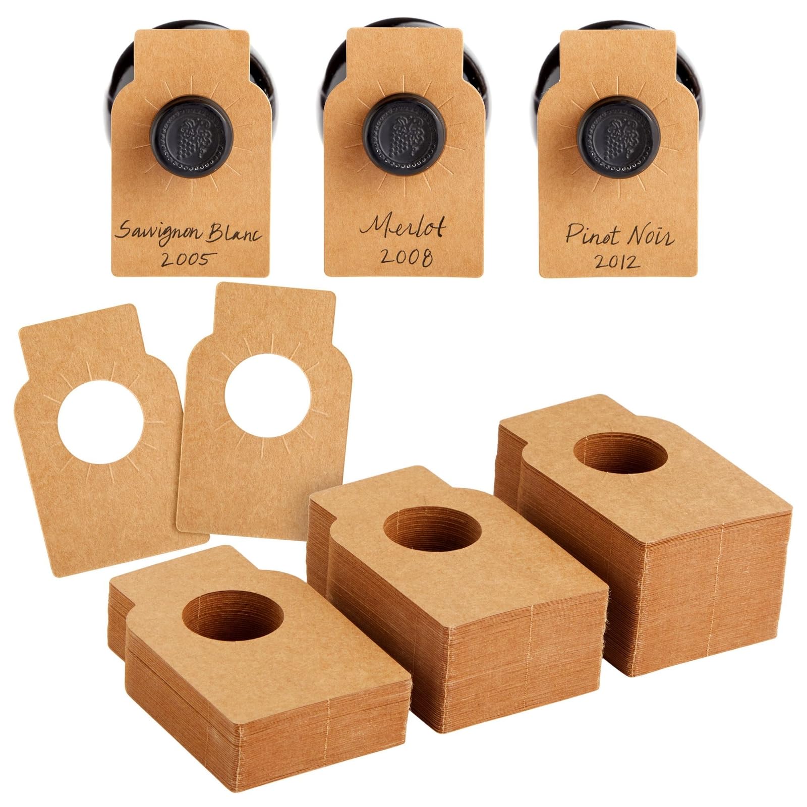 Juvale kraft bottle labels 300-pack with pre-cut holes for easy bottle tagging.