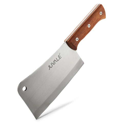 Juvale meat cleaver with 8-inch blade and wood handle, ideal for precise meat cutting.