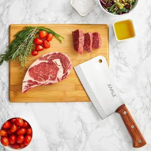 Juvale cleaver with ergonomic wood handle for comfortable use.