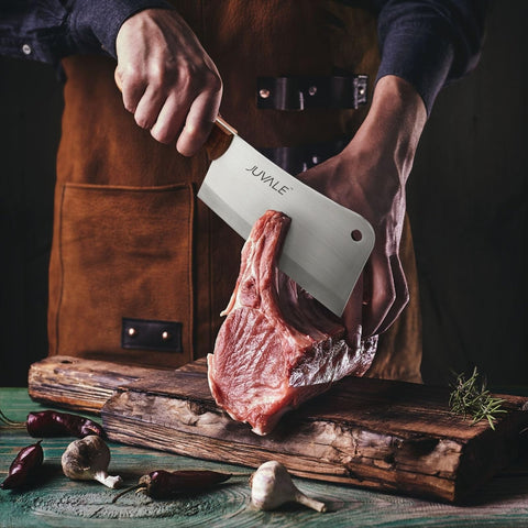 Juvale meat cleaver closeup on sharp blade for clean slicing.