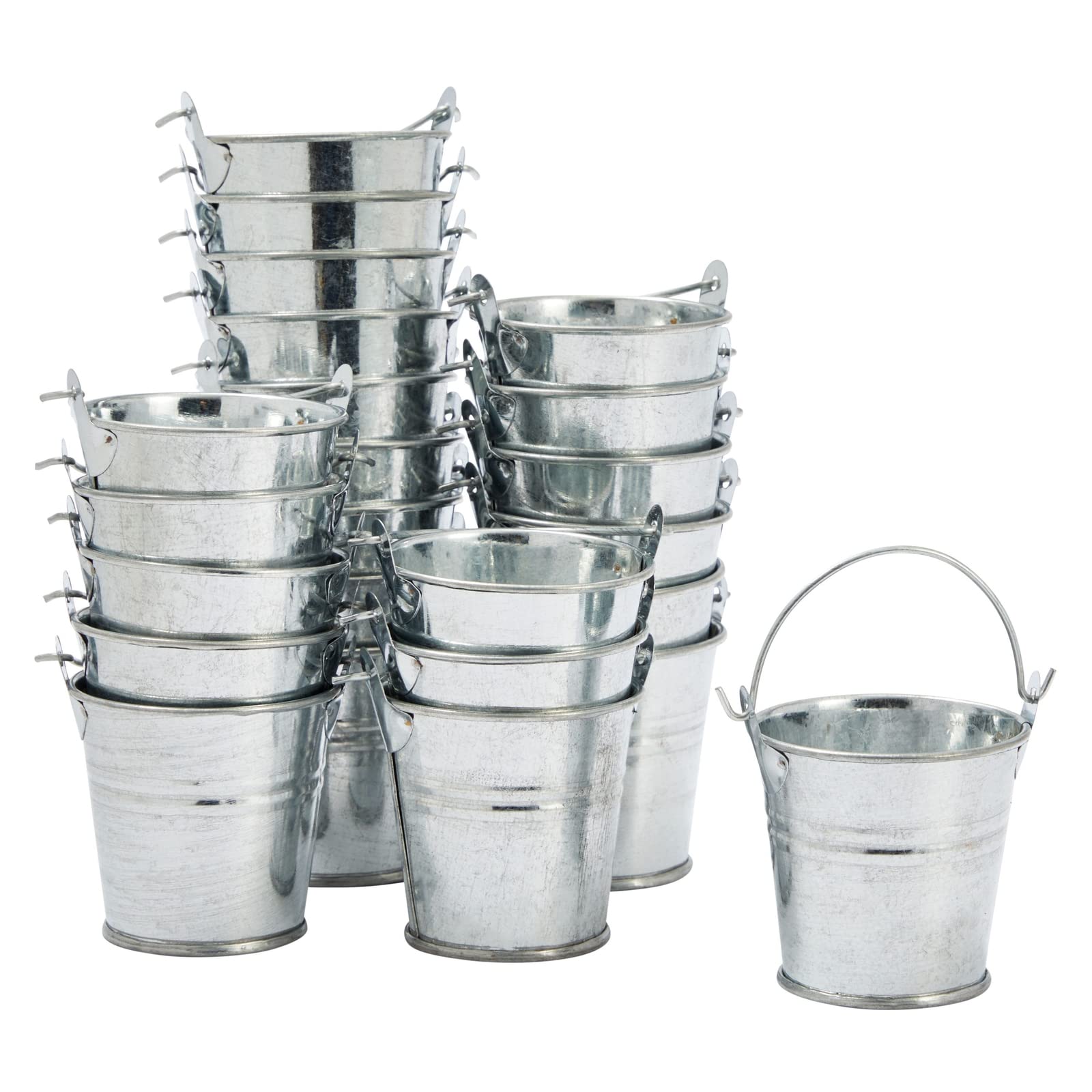 Juvale mini metal buckets with handles in silver, perfect for party favors.