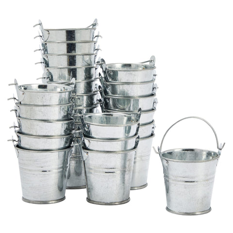 Juvale mini metal buckets with handles in silver, perfect for party favors.