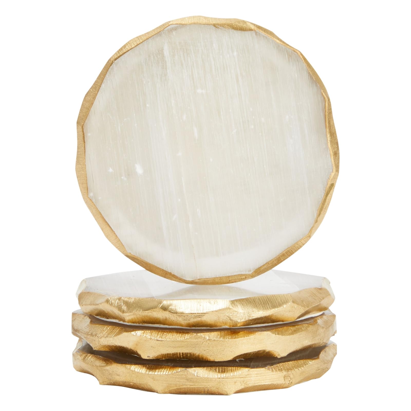 Juvale natural selenite crystal coasters with gold edge for elegant table protection.
