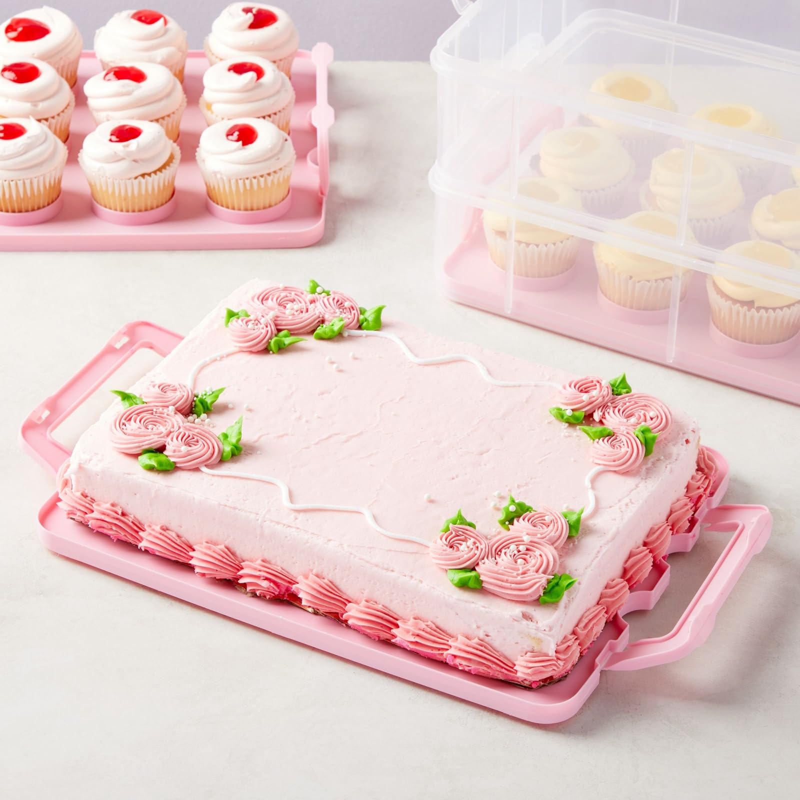 Juvale pink cupcake carrier with removable trays for versatile desserts