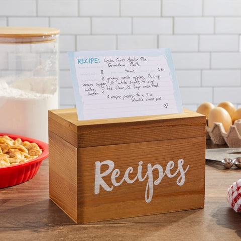 Juvale recipe box with notched lid for fast card retrieval.