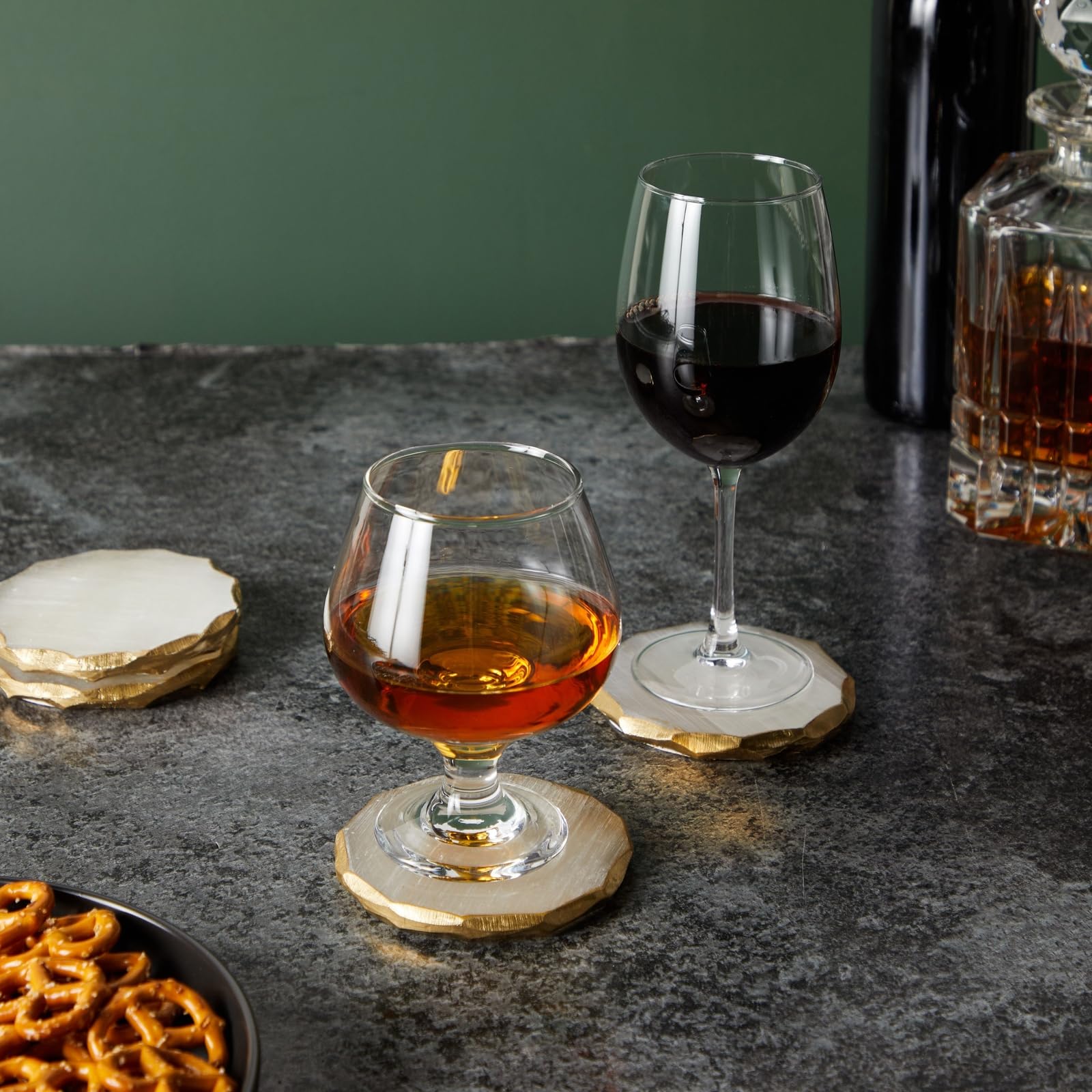 Juvale selenite geode coaster with gold trim ideal for holiday tables.