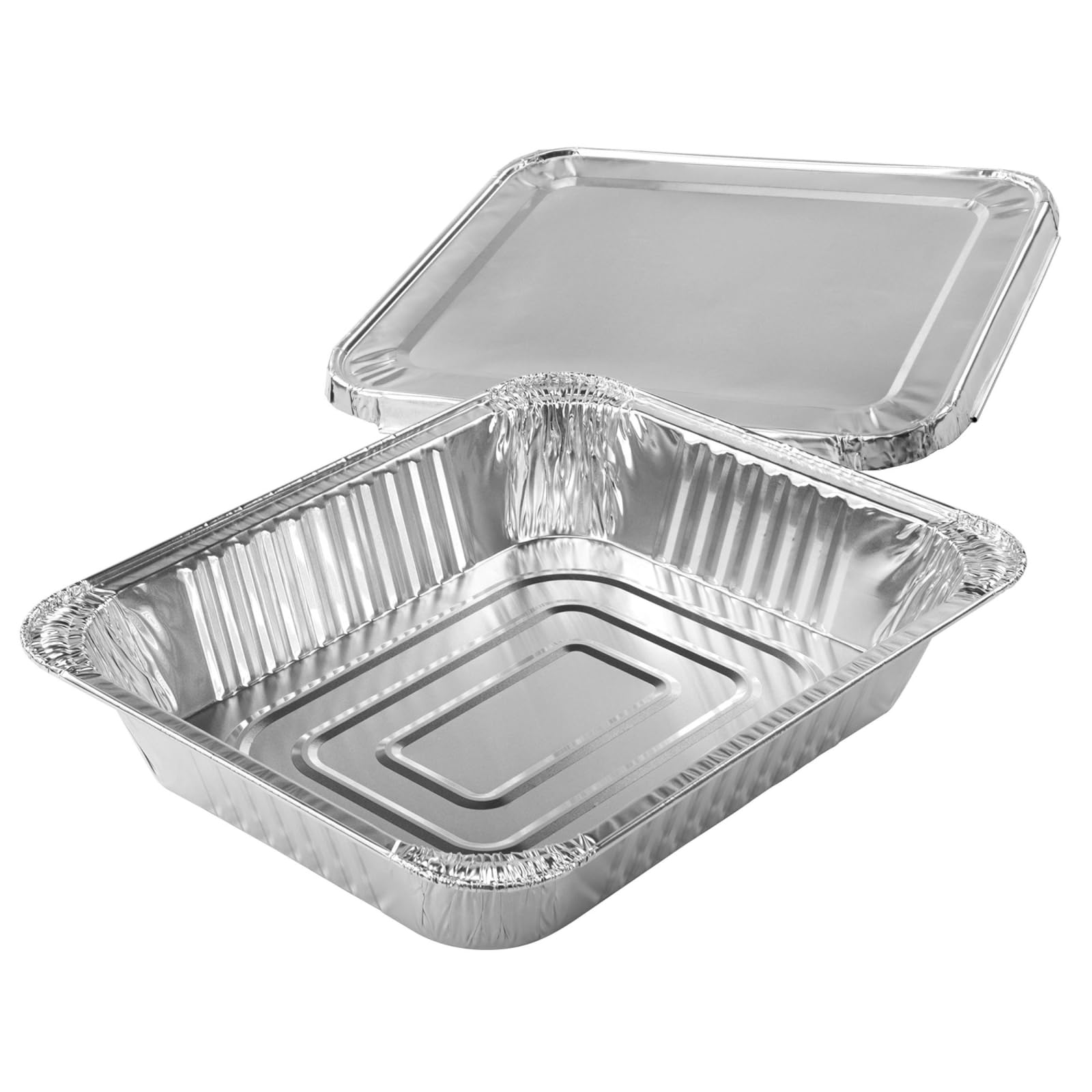 Juvale single-use aluminum pans with lids, convenient for quick cleanup.