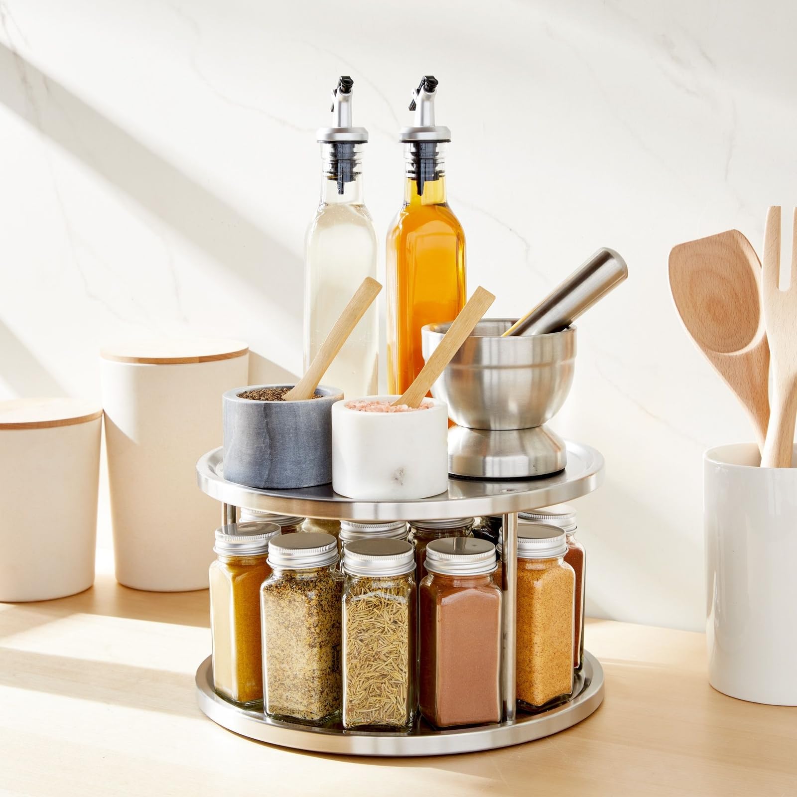 Juvale spice rack on countertop saves space while keeping jars visible.