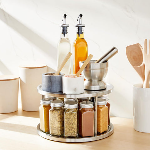 Juvale spice rack on countertop saves space while keeping jars visible.