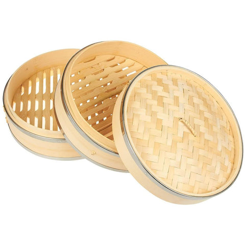 Closeup of Juvale beige bamboo-steel steamer in a kitchen setting