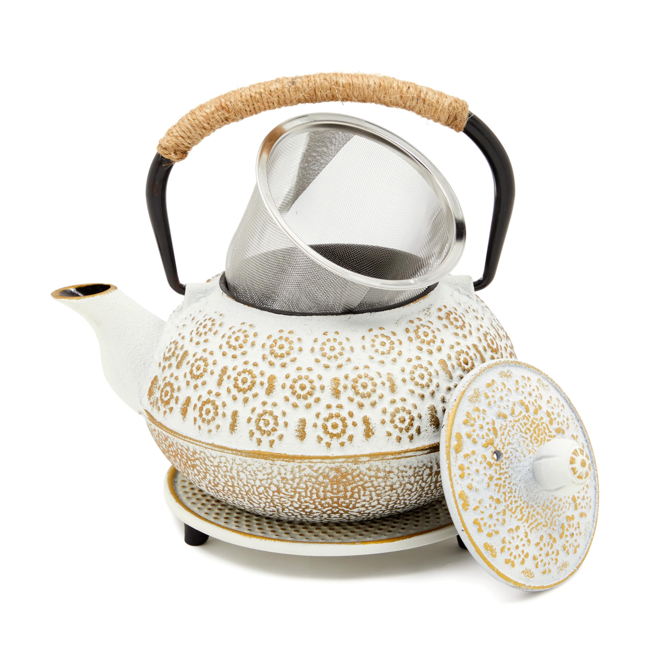 Juvale stovetop cast iron tea kettle with white finish on stove for elegant brewing