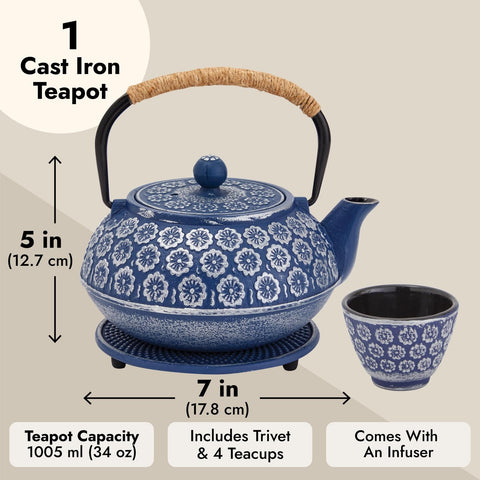 Juvale teapot with four cups for intimate tea gatherings.