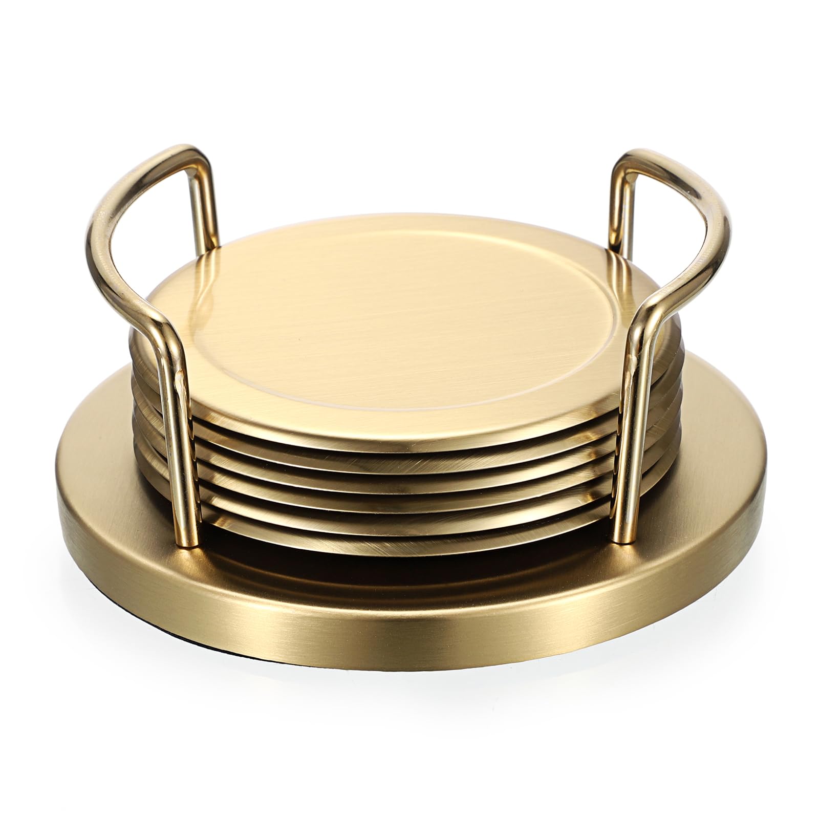 JUXYES brushed-gold stainless steel coaster with holder protects surfaces and enhances decor