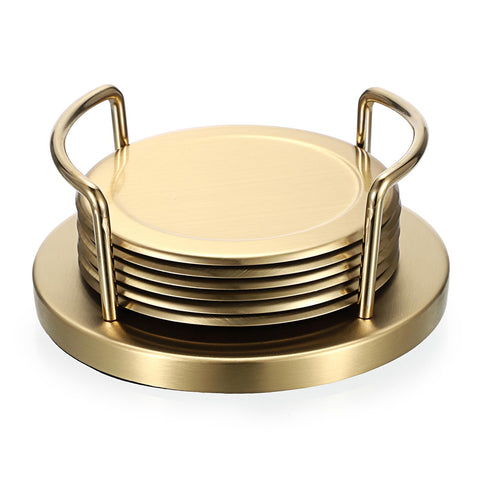 JUXYES brushed-gold stainless steel coaster with holder protects surfaces and enhances decor