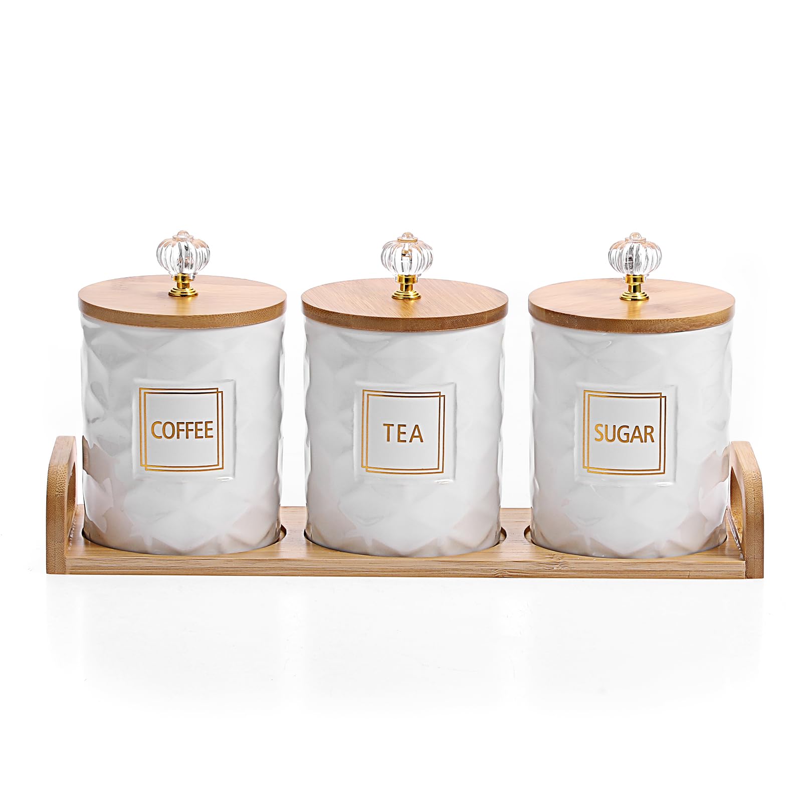 JUXYES white ceramic canisters with lids and tray for organized sugar, coffee, and tea.