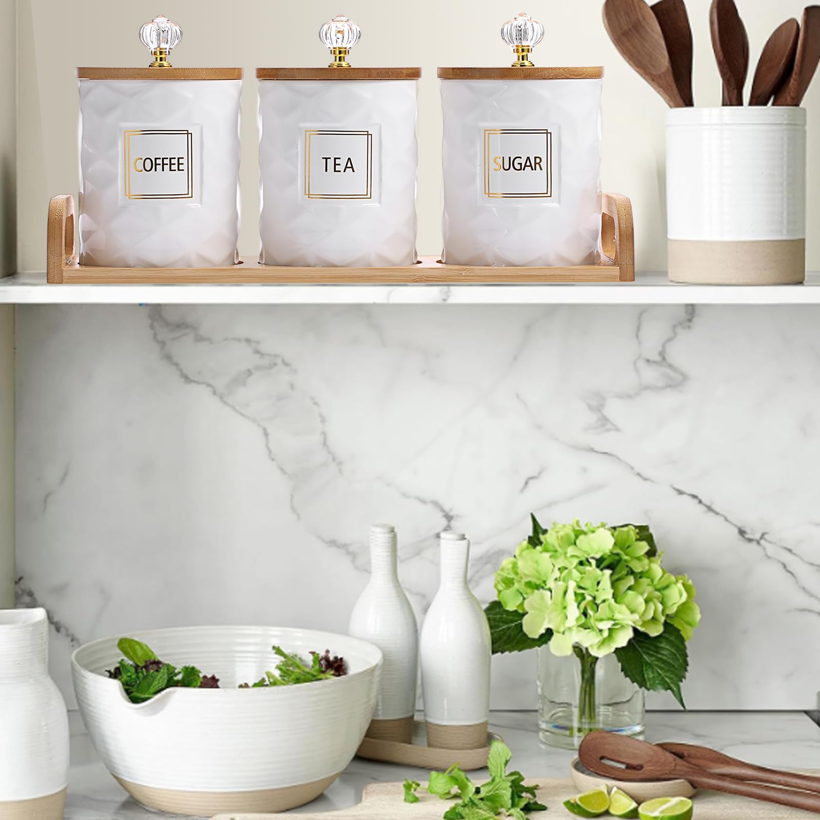 JUXYES white ceramic storage jars on a modern kitchen counter.
