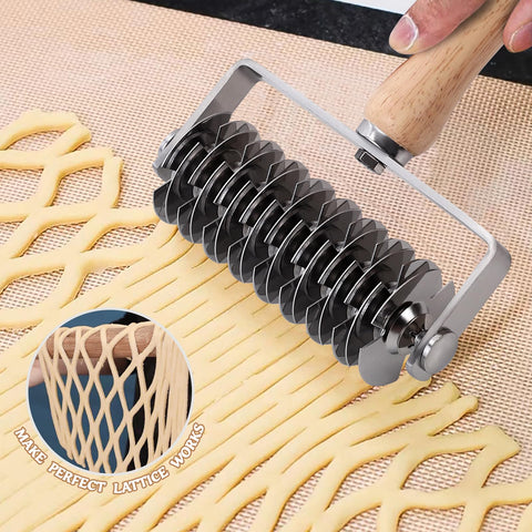 JuyVerq lattice cutter shows wooden handle for comfortable grip during baking.