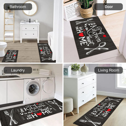 JWXCBIM black and white pattern rug elevates kitchen decor with timeless farmhouse charm.