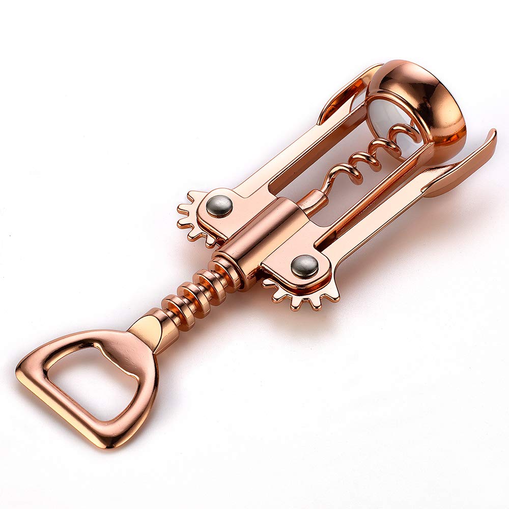 JXS Simple Wing Corkscrew Gold opens wine and beer bottles.
