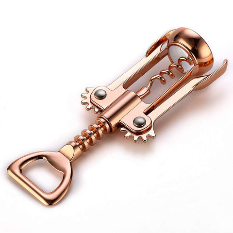 JXS Simple Wing Corkscrew Gold opens wine and beer bottles.