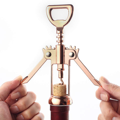 JXS Simple Wing Corkscrew Gold with extended wings for cork extraction.