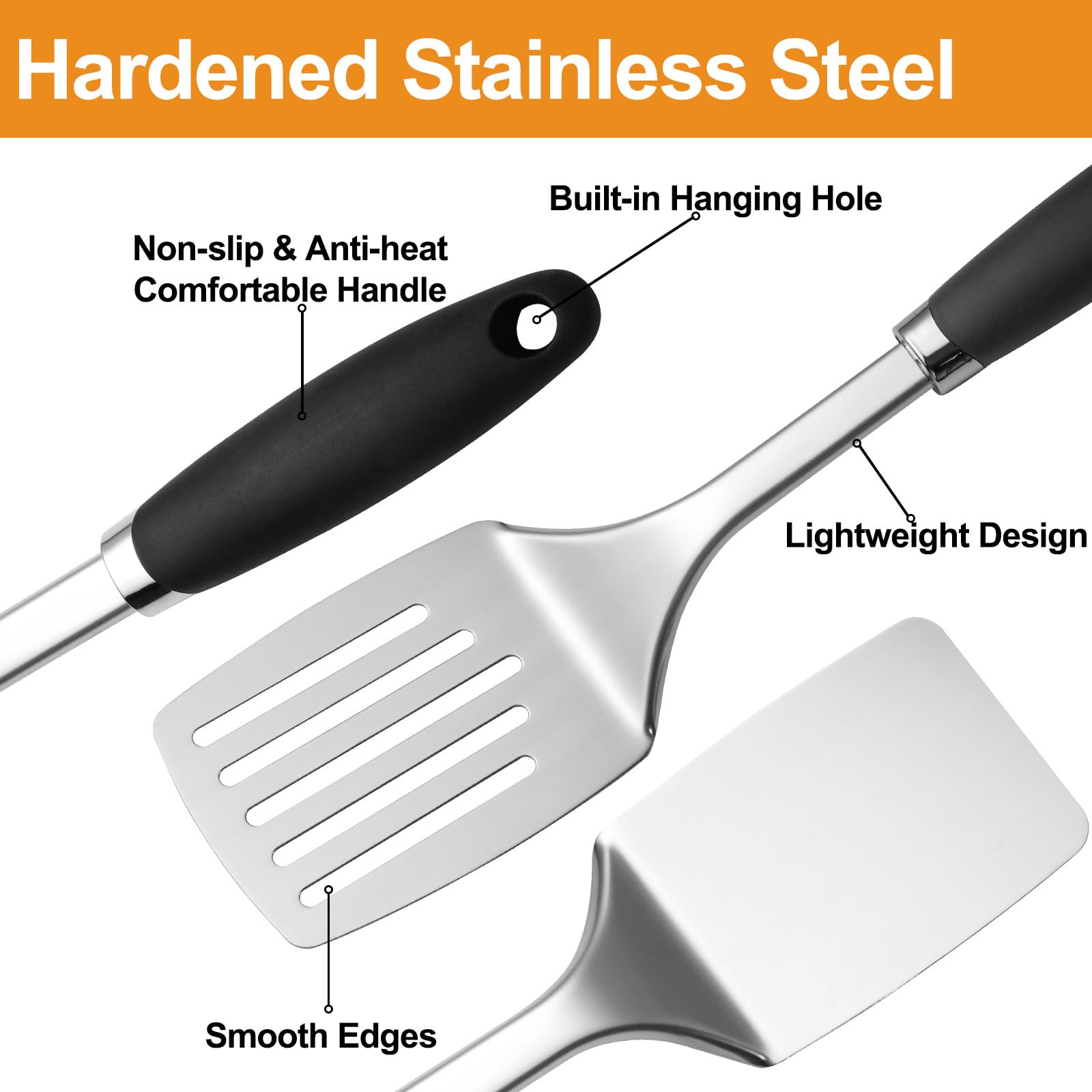 JXWING 13-inch spatula with silicone handle delivers a non-slip grip and heat resistance.