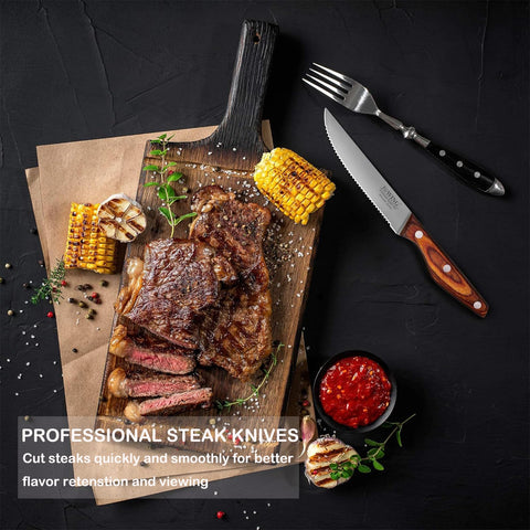 JXWING 8-piece knife set with pakkawood handle for ergonomic grip.