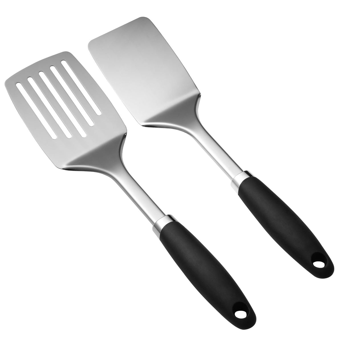 JXWING stainless steel spatula set, 2-pack, solid and slotted turners for daily cooking.