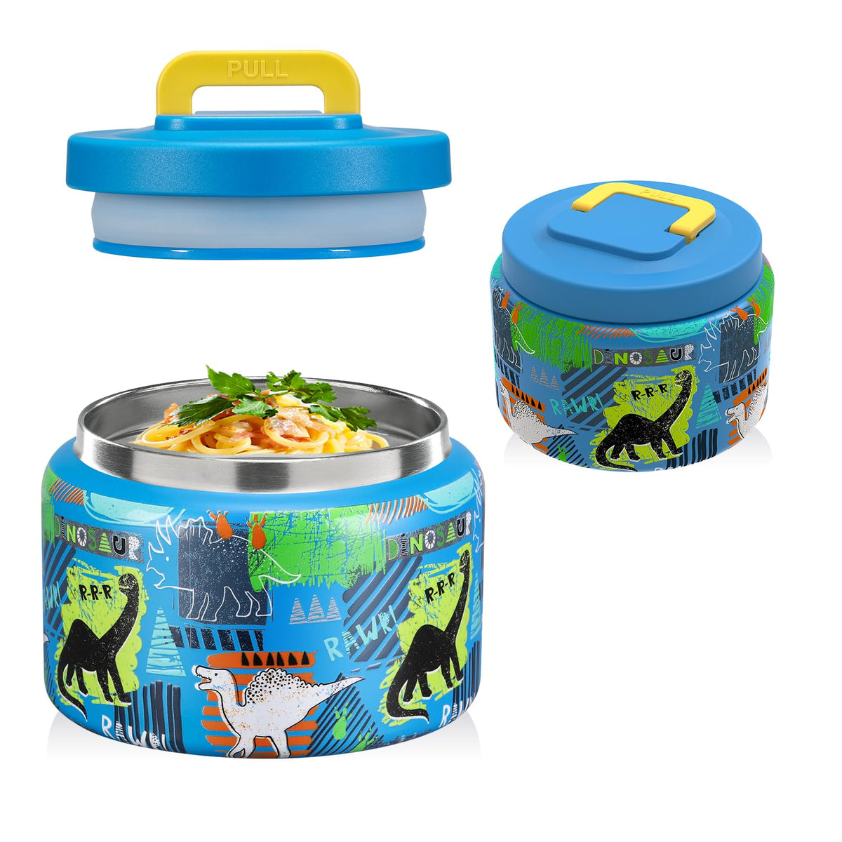 JXXM 8 Oz Thermo Food Jar with blue dinosaur lid, ideal for kid-friendly hot lunches.