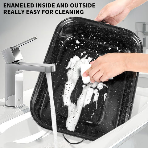 Large capacity pan fits 25-pound turkeys and side dishes