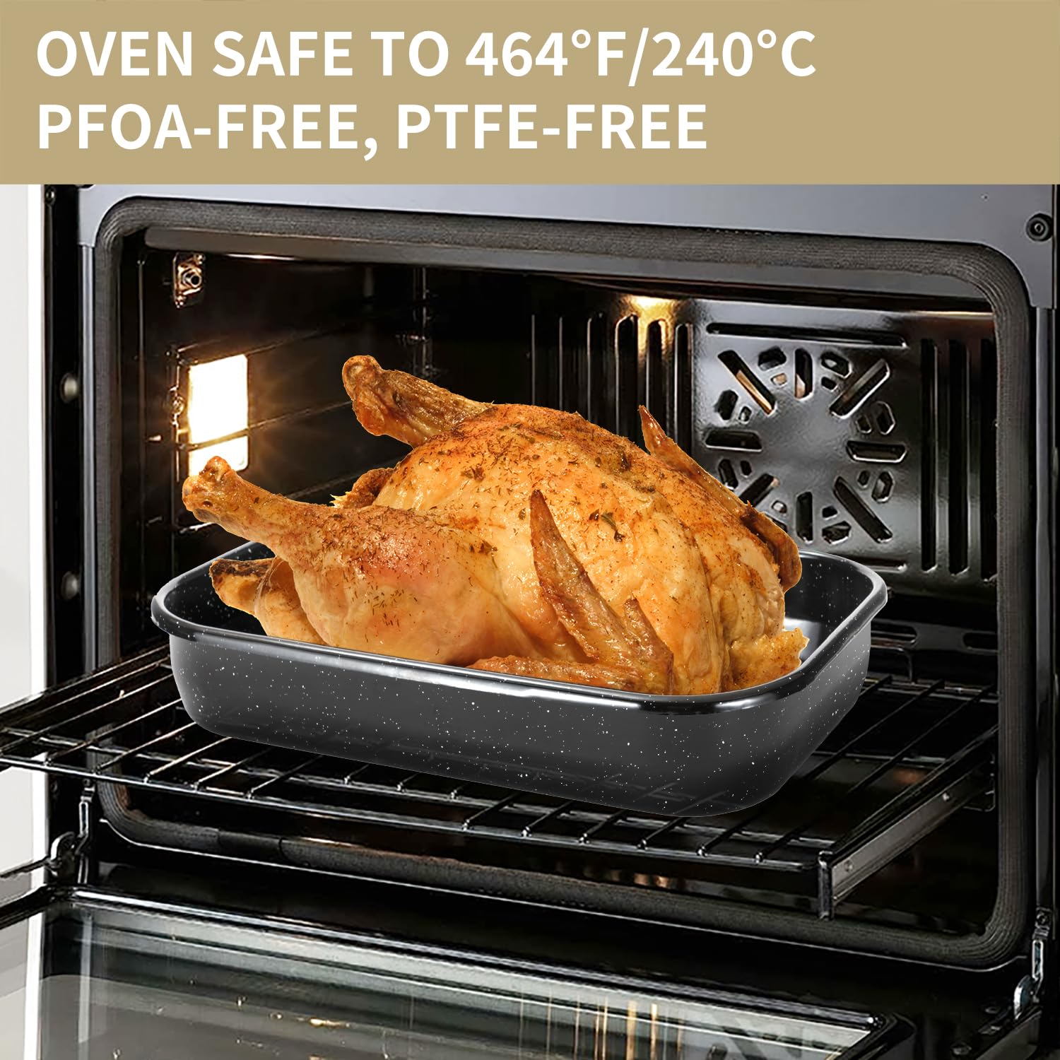 JY COOKMENT roasting rack promotes even heat for juicier roasts.