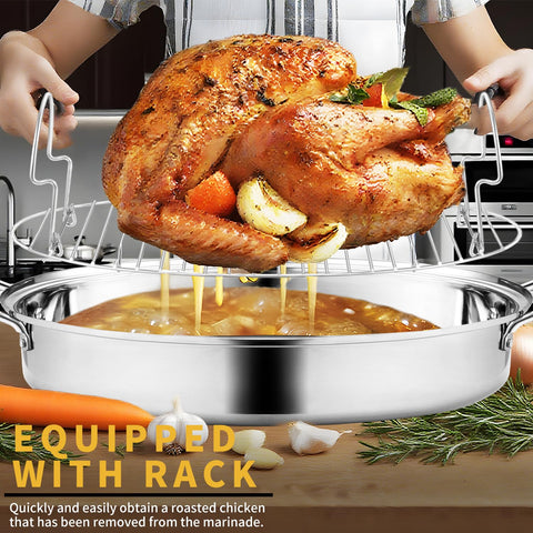 JY COOKMENT stainless steel roasting pan with rack for elevated fat drainage