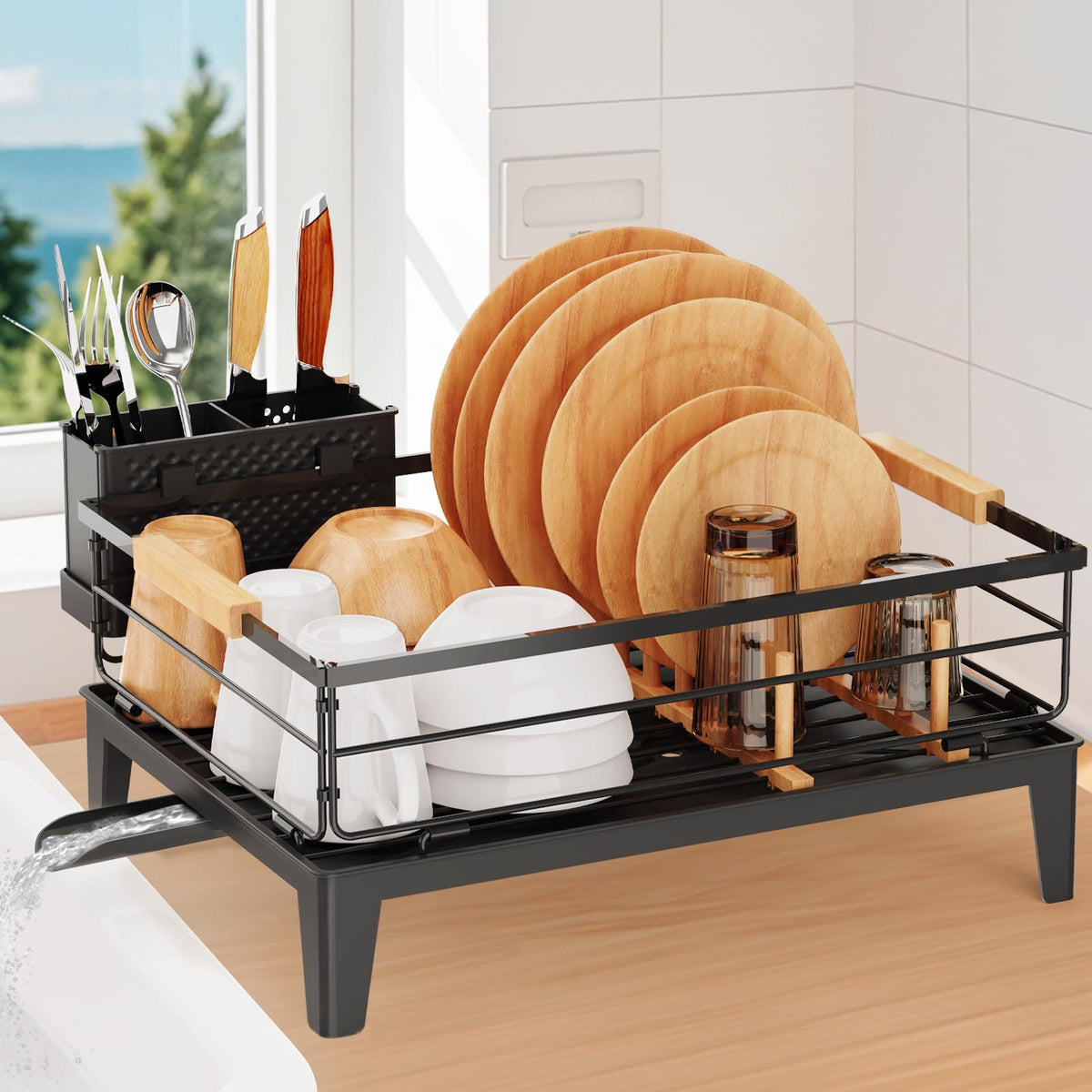 JYPS dish drying rack with rotatable drainer keeps counters dry and organized.