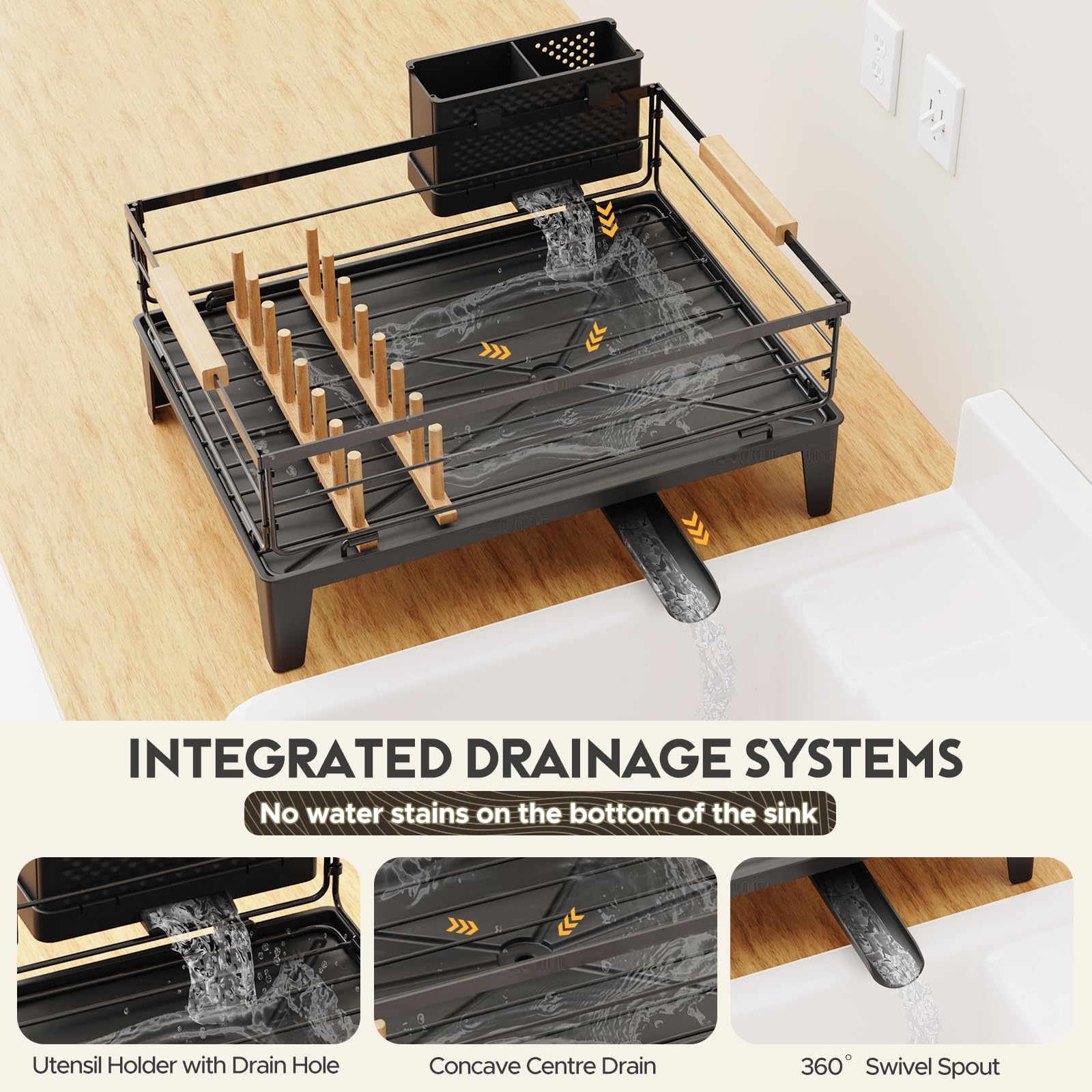 JYPS dish drying rack wooden handles add elegance while supporting daily use.