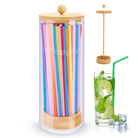 JYPS straw dispenser with bamboo lid displaying 100 colorful straws on kitchen counter