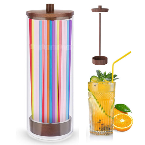 JYPS straw dispenser with bamboo lid for neat straw storage.