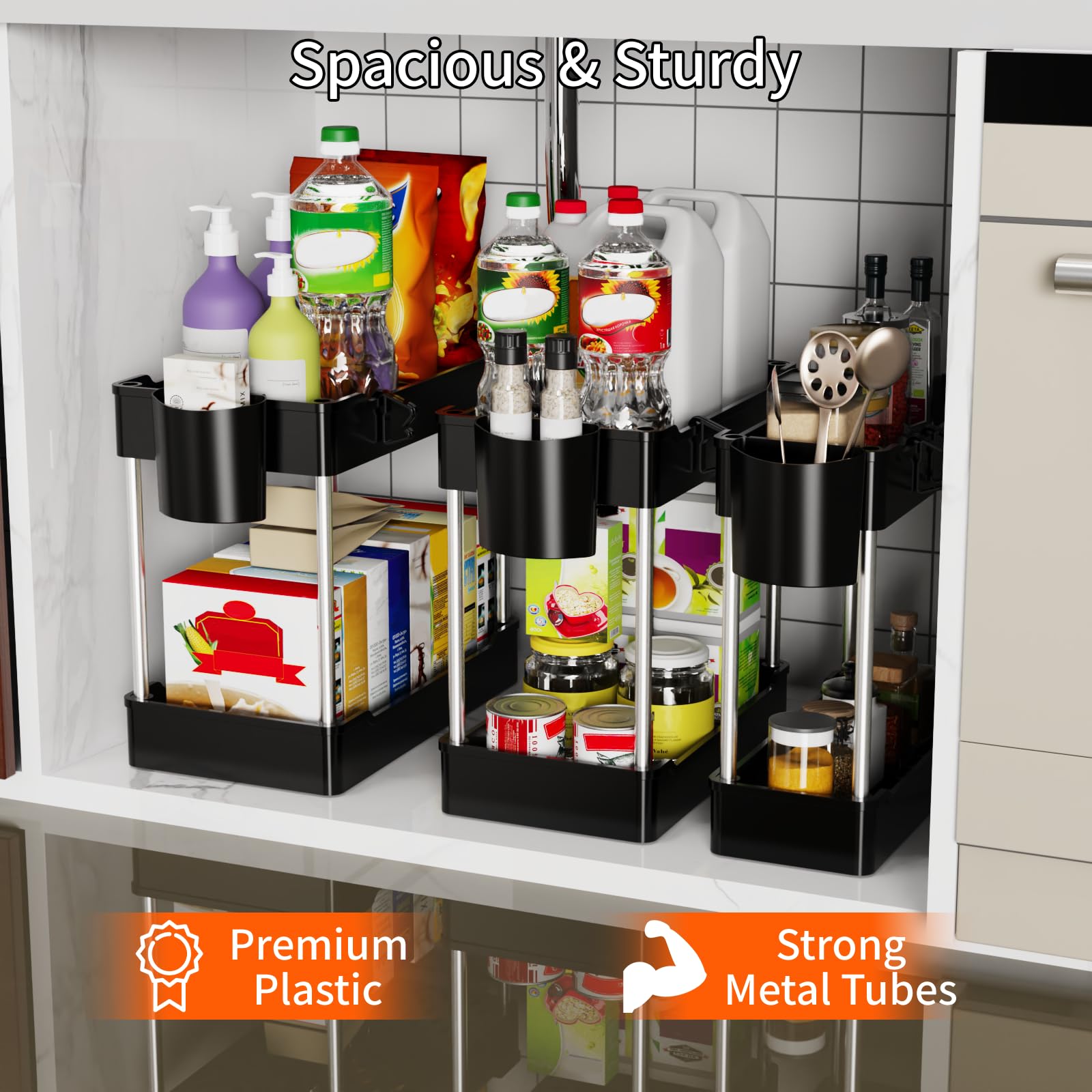 JYSMYWS two-tier under-sink shelves maximize vertical storage in compact spaces.