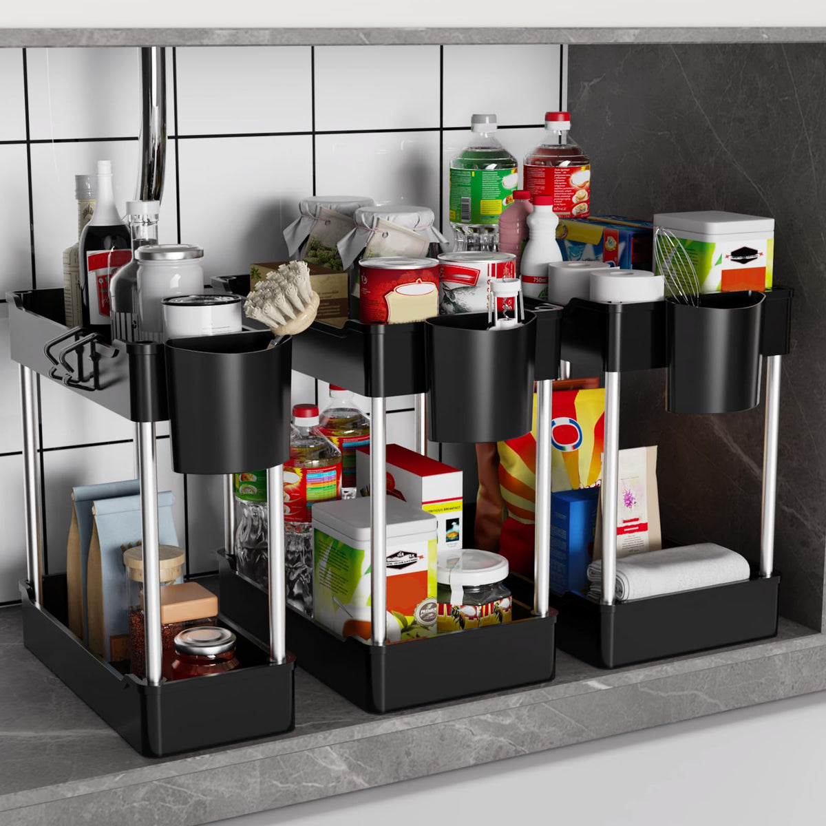 JYSMYWS under-sink organizer 3-pack front view keeps cabinets neat and accessible.