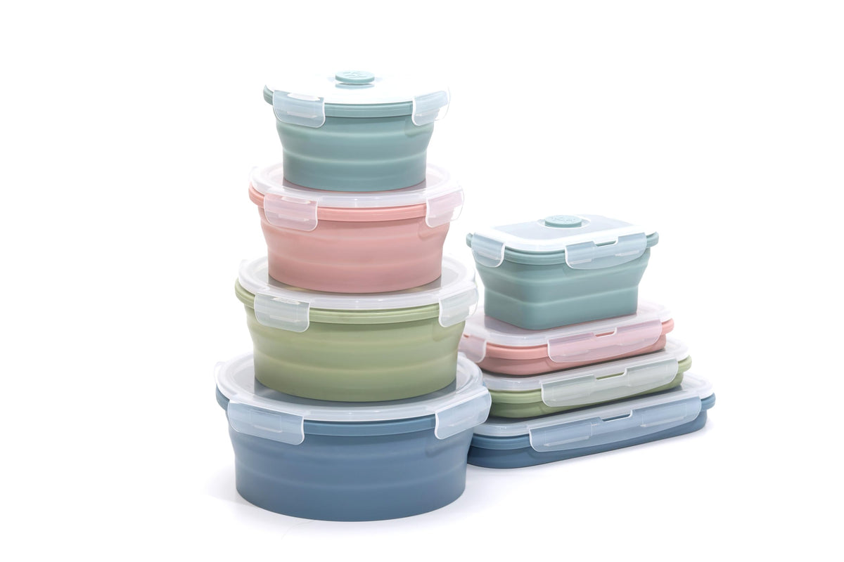 K HOME VT collapsible silicone food storage set in indigo for space-saving organization.