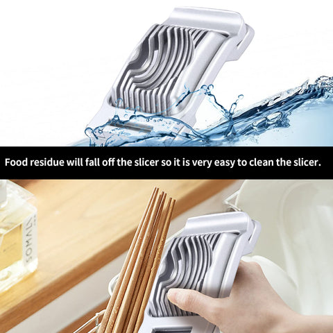 Kabuda egg-slot feature helps cleanly slice eggs for salads.