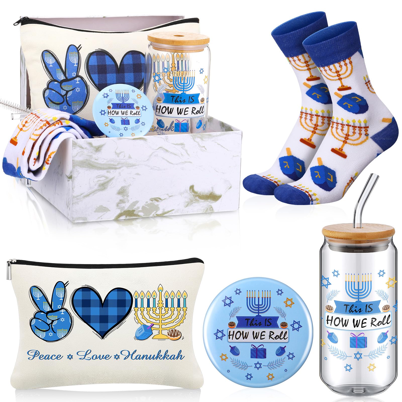 Kacctyen Hanukkah glass cup with lid and straw for on-the-go hydration