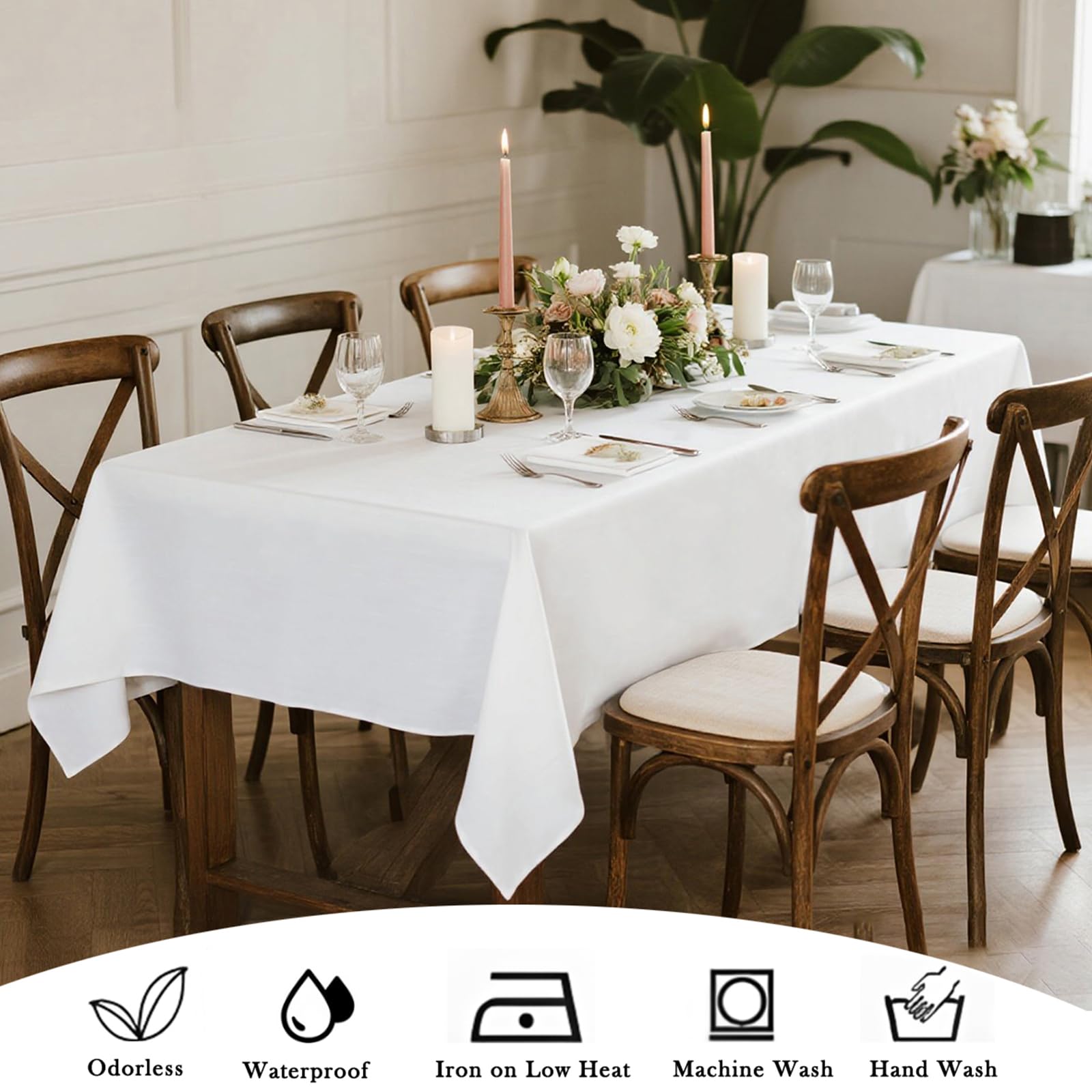 Kachanaa white rectangle tablecloth used for wedding reception table setting.
