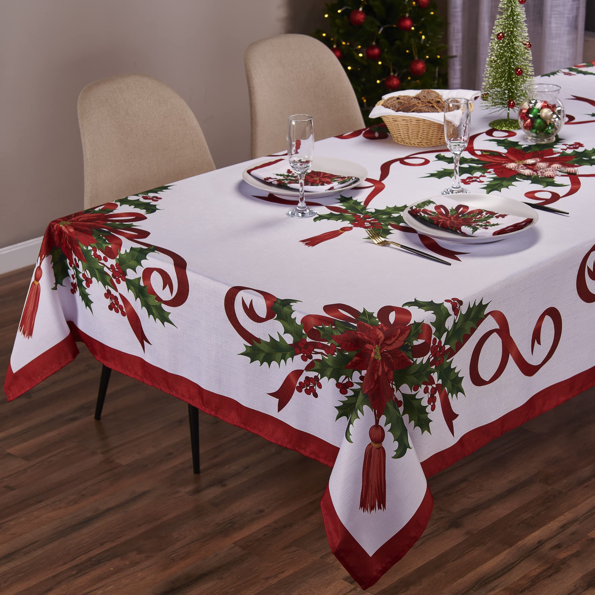 Kadut Christmas Ribbon Tablecloth elevates holiday dining on a 60x102 inch table