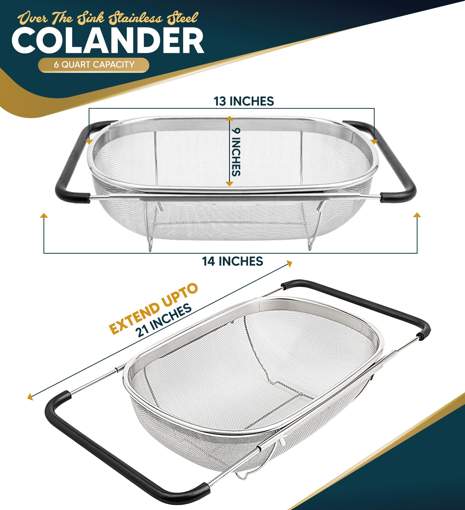 KAFOOR extendable soft-grip handles shown adapting to different sink sizes for flexible use.