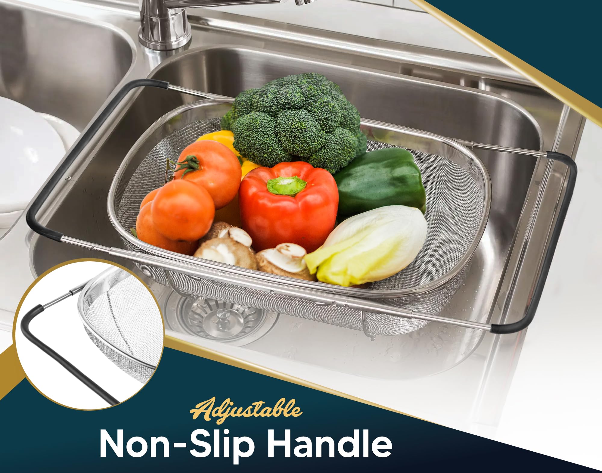 KAFOOR multipurpose strainer ideal for rinsing fruits and vegetables, plus sifting powders.