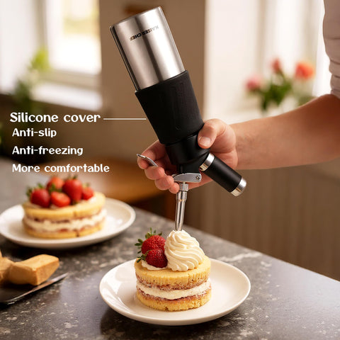 Kaiser Chef dispenser with aluminum head demonstrates durable construction for smooth whipped cream
