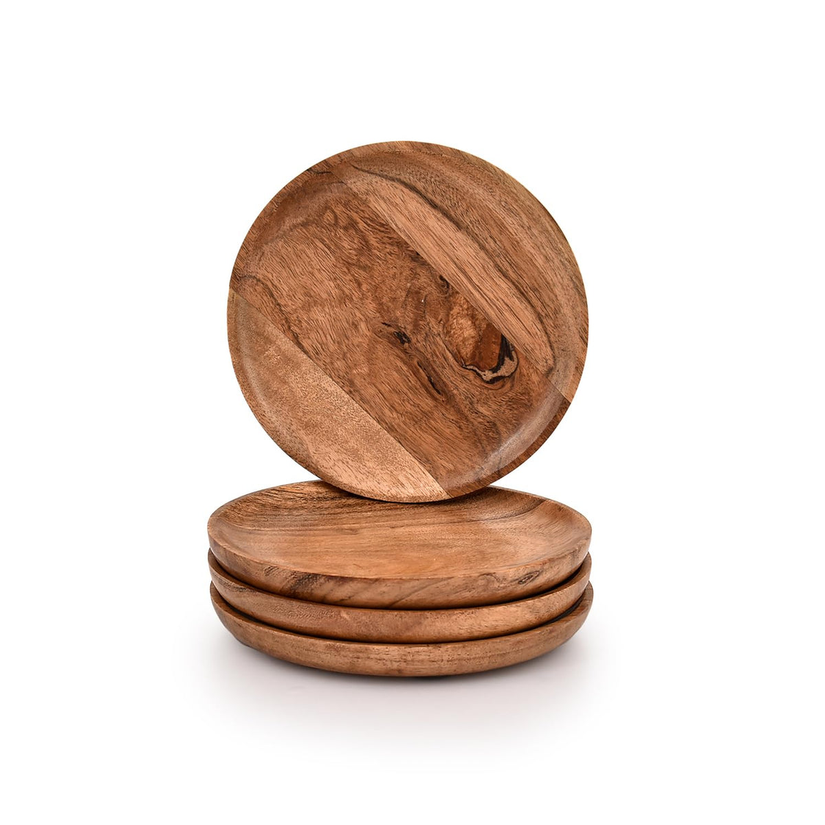 Kaizen Casa acacia wood dinner plate close-up showing natural grain and durability