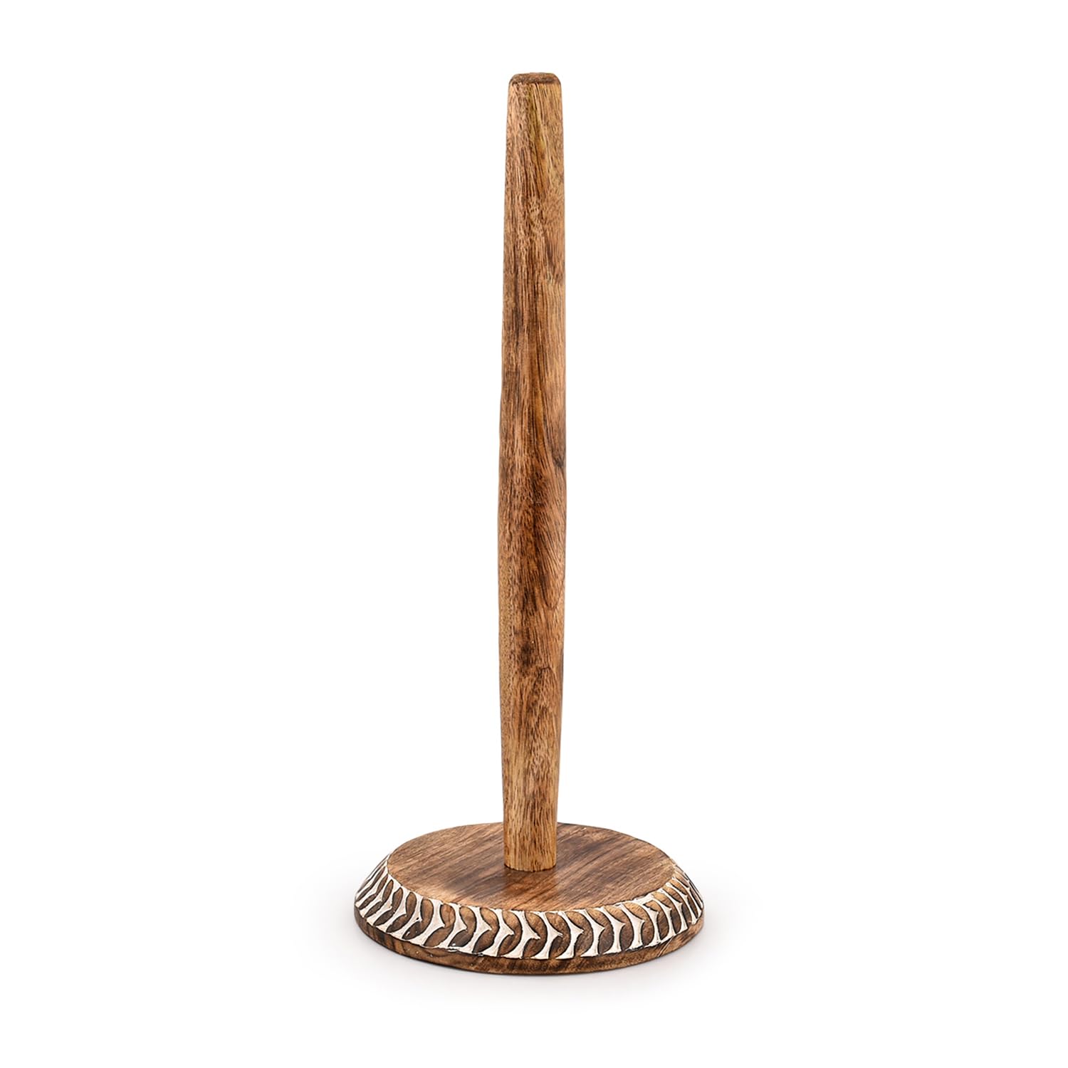 Kaizen Casa mango wood standing paper towel holder on kitchen counter for easy reach.