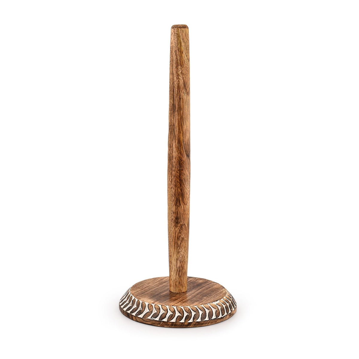 Kaizen Casa mango wood standing paper towel holder on kitchen counter for easy reach.