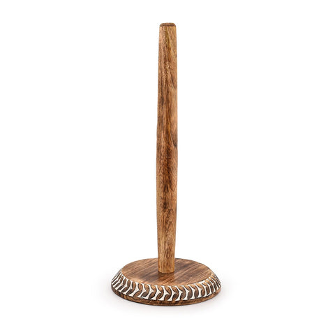 Kaizen Casa mango wood standing paper towel holder on kitchen counter for easy reach.